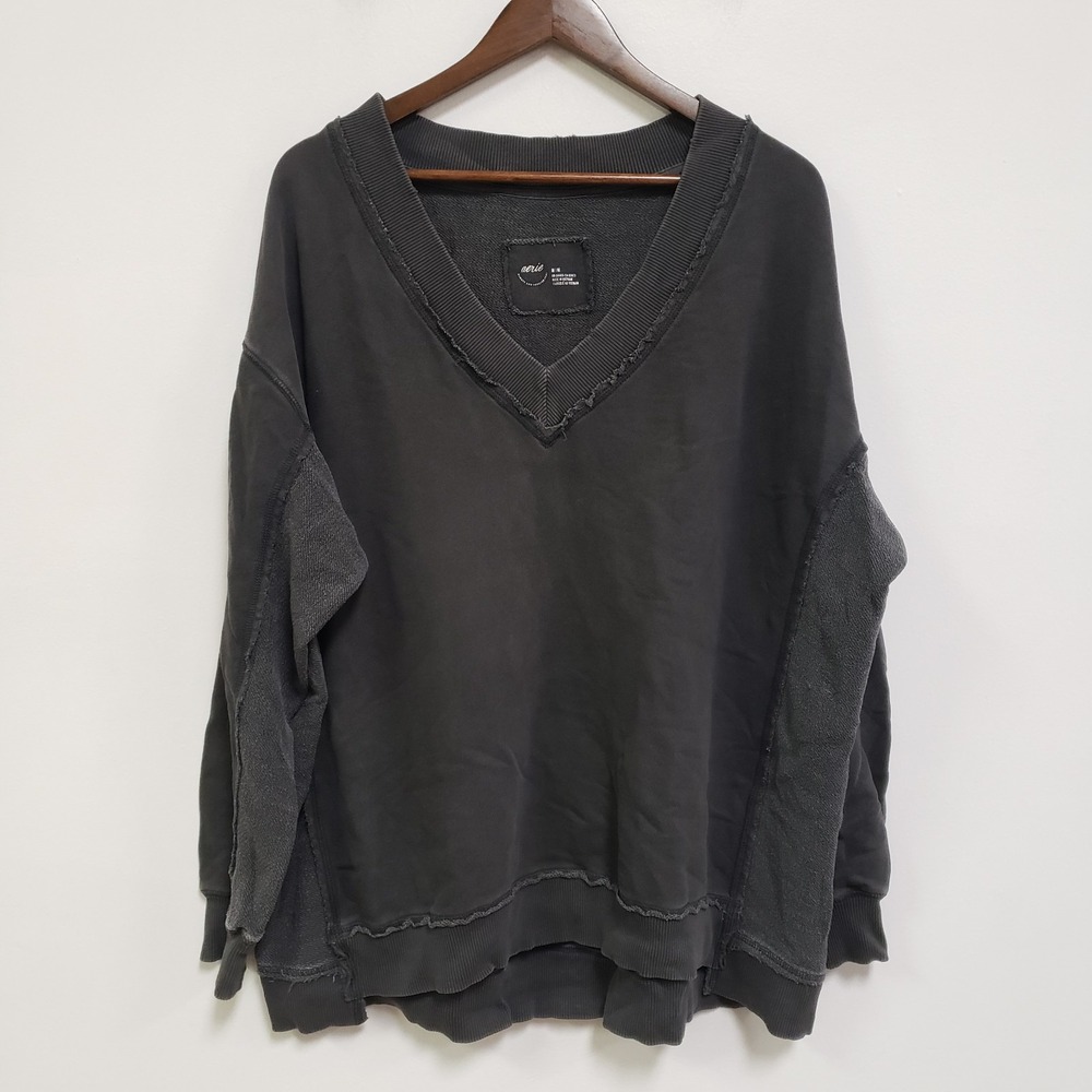 Aerie Womens Oversized Pullover V Neck Sweatshirt Size M Charcoal Gray Grunge
